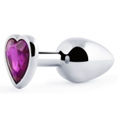 Серебристая анальная пробка с фиолетовым кристаллом-сердечком - 8 см. - Anal Jewelry Plug - купить с доставкой в Брянске