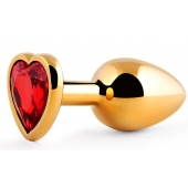 Золотистая анальная пробка с красным стразом-сердечком - 8 см. - Anal Jewelry Plug - купить с доставкой в Брянске