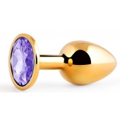 Золотистая анальная пробка с фиолетовым стразом - 7,2 см. - Anal Jewelry Plug - купить с доставкой в Брянске