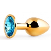 Золотистая анальная пробка с голубым стразом - 7,2 см. - Anal Jewelry Plug - купить с доставкой в Брянске