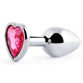 Серебристая анальная пробка с розовым кристаллом-сердечком - 7 см. - Anal Jewelry Plug - купить с доставкой в Брянске