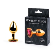 Золотистая анальная пробка с малиновым кристаллом-сердечком - 7 см. - Anal Jewelry Plug - купить с доставкой в Брянске