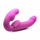 Розовый безремневой страпон с вибрацией и функцией расширения Inflatable Ergo-Fit Strapless Strap-On - XR Brands - купить с доставкой в Брянске