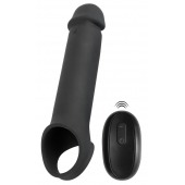 Черная вибронасадка для пениса с хомутом для мошонки и пультом ДУ Remote Controlled Penis Extension - Orion - в Брянске купить с доставкой
