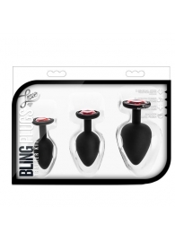 Набор черных анальных пробок с красным кристаллом-сердечком Bling Plugs Training Kit - Blush Novelties - купить с доставкой в Брянске