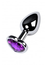 Серебристая коническая анальная пробка с фиолетовым кристаллом-сердечком - 7 см. - ToyFa - купить с доставкой в Брянске