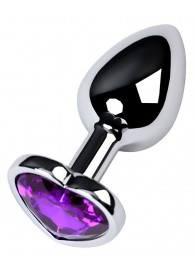 Серебристая коническая анальная пробка с фиолетовым кристаллом-сердечком - 7 см. - ToyFa - купить с доставкой в Брянске