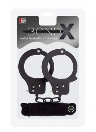 Чёрные наручники из листового металла в комплекте с веревкой BONDX METAL CUFFS LOVE ROPE SET - Dream Toys - купить с доставкой в Брянске