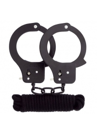 Чёрные наручники из листового металла в комплекте с веревкой BONDX METAL CUFFS LOVE ROPE SET - Dream Toys - купить с доставкой в Брянске