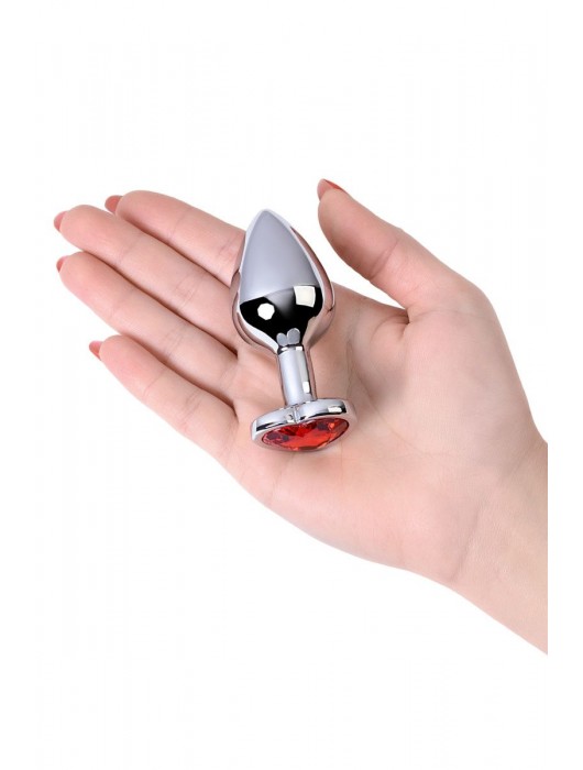Серебристая коническая анальная пробка с красным кристаллом-сердечком - 7 см. - ToyFa - купить с доставкой в Брянске