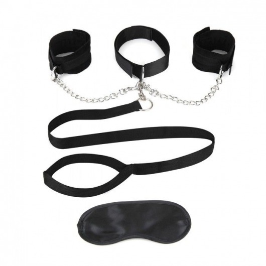 Чёрный ошейник с наручниками и поводком Collar Cuffs   Leash Set - Lux Fetish - купить с доставкой в Брянске