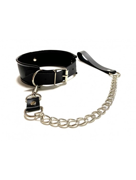 Черный ошейник с поводком из эко-кожи - БДСМ Арсенал - купить с доставкой в Брянске