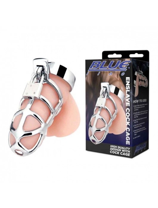 Серебристая металлическая клетка для члена с замком Enslave Cock Cage - BlueLine - купить с доставкой в Брянске