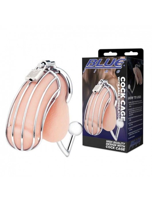 Серебристая металлическая клетка с анальным стимулятором Cock Cage - BlueLine - купить с доставкой в Брянске