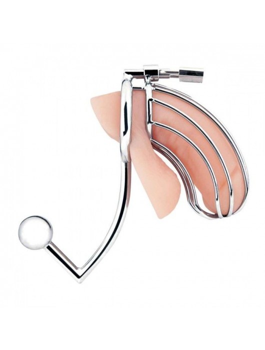 Серебристая металлическая клетка с анальным стимулятором Cock Cage - BlueLine - купить с доставкой в Брянске