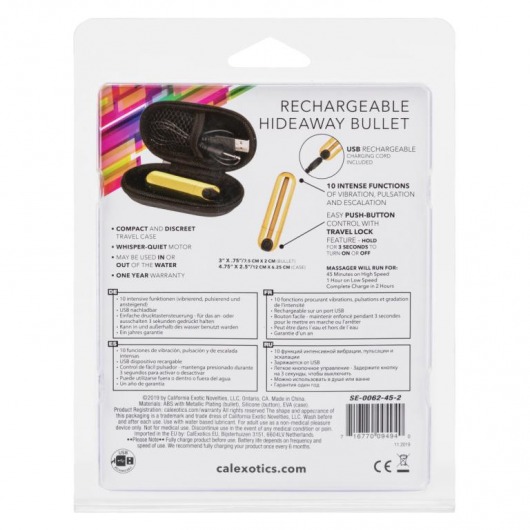 Золотистая вибропуля в чехле для хранения Rechargeable Hideaway Bullet - 7,5 см. - California Exotic Novelties