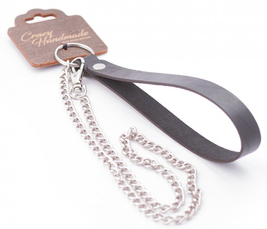 Серебристый металлический поводок с кожаной черной ручкой - 80 см. - Crazy Handmade - купить с доставкой в Брянске