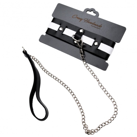 Черно-белый кожаный ошейник с поводком-цепочкой - Crazy Handmade - купить с доставкой в Брянске