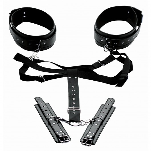 Черная бондажная система Acquire Easy Access Thigh Harness with Wrist Cuffs - XR Brands - купить с доставкой в Брянске