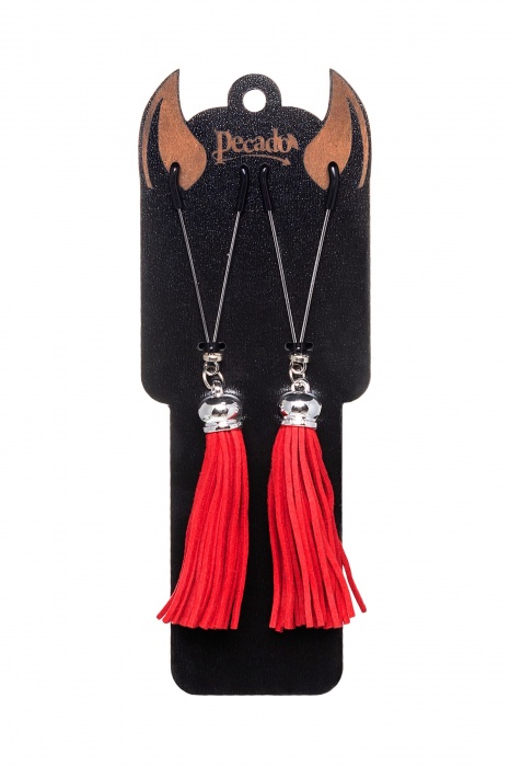 Зажимы на соски «Вилки» с красными кисточками из замши - Pecado - купить с доставкой в Брянске