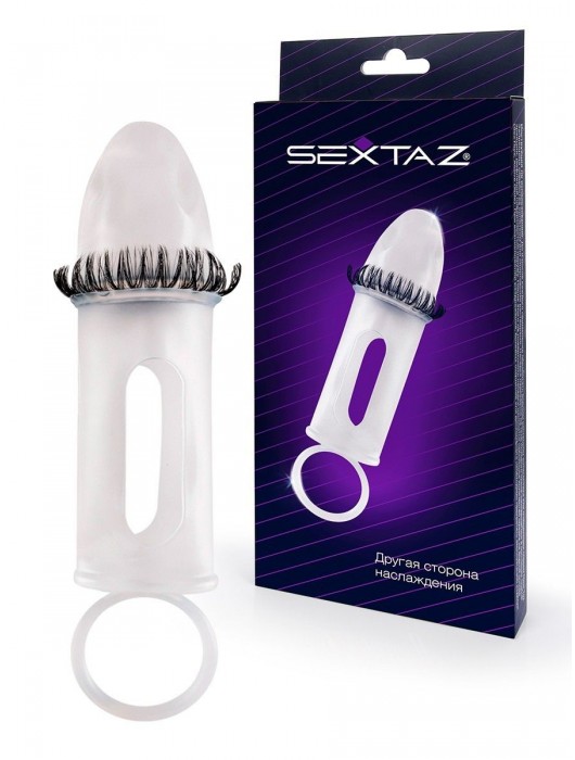 Закрытая насадка на пенис с подхватом мошонки и стимулирующими «ресничками» - Sextaz - в Брянске купить с доставкой