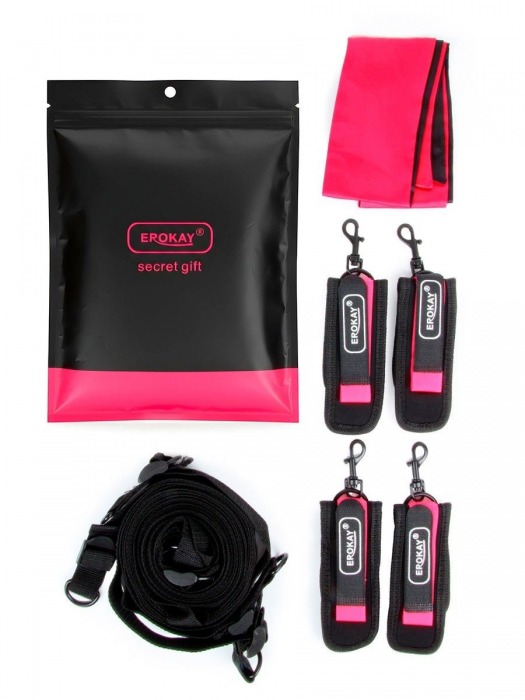 Черно-розовый эротический набор: фиксатор, оковы, наручники, повязка - Erokay - купить с доставкой в Брянске