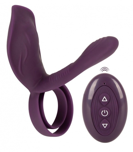 Фиолетовая насадка на член с клиторальным отростком и пультом ДУ RC Couple’s Vibrator 2 - Orion - в Брянске купить с доставкой